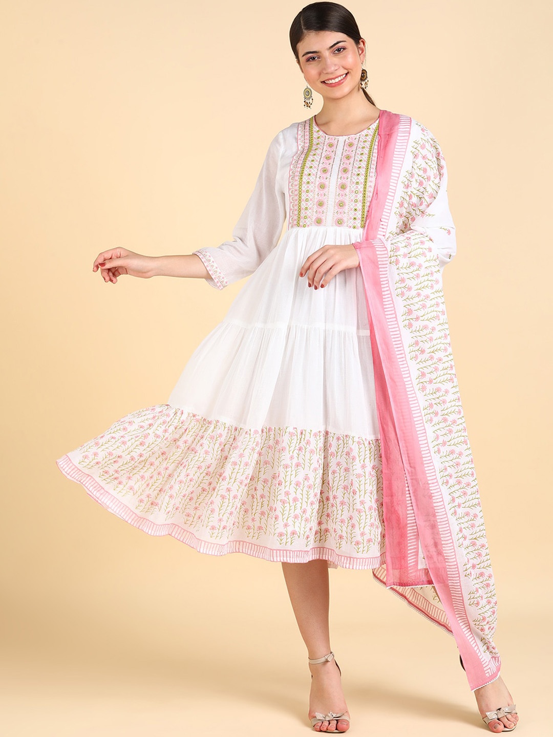 

Maaesa Ethnic Motifs Embroidered Fit & Flared Ethnic Dress With Dupatta, Off white