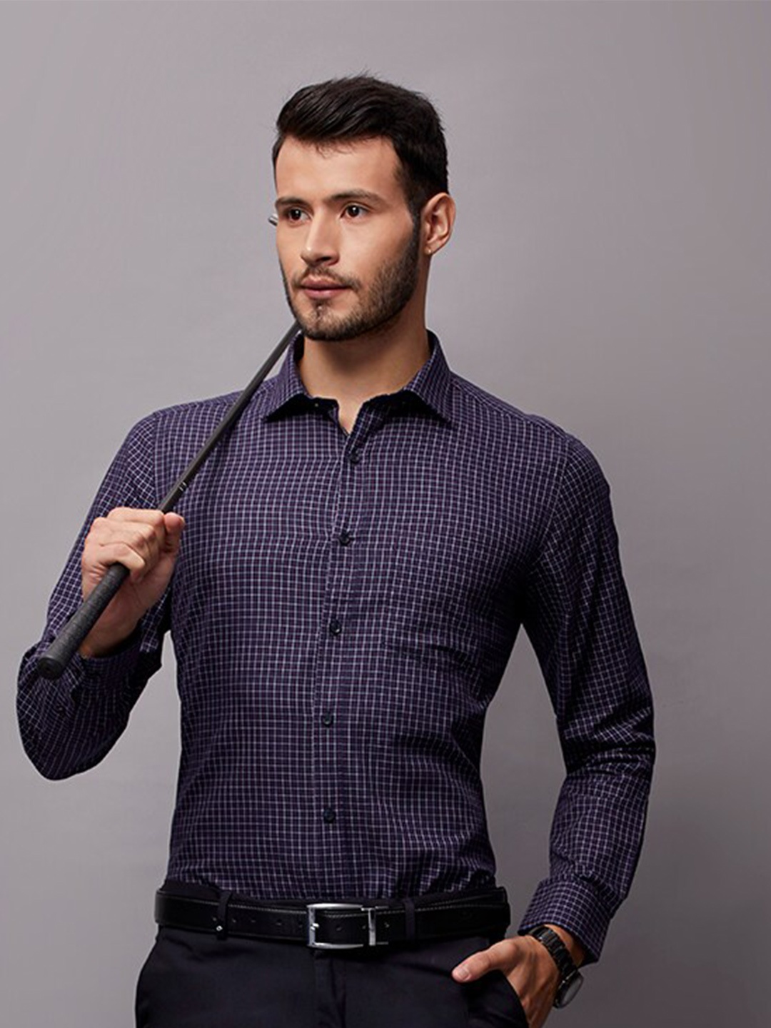 

INSPIRO Classic Opaque Cotton Checked Formal Shirt, Navy blue