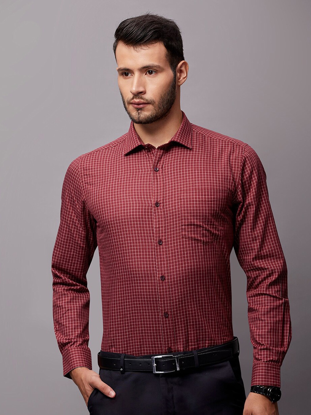 

INSPIRO Classic Opaque Cotton Checked Formal Shirt, Maroon