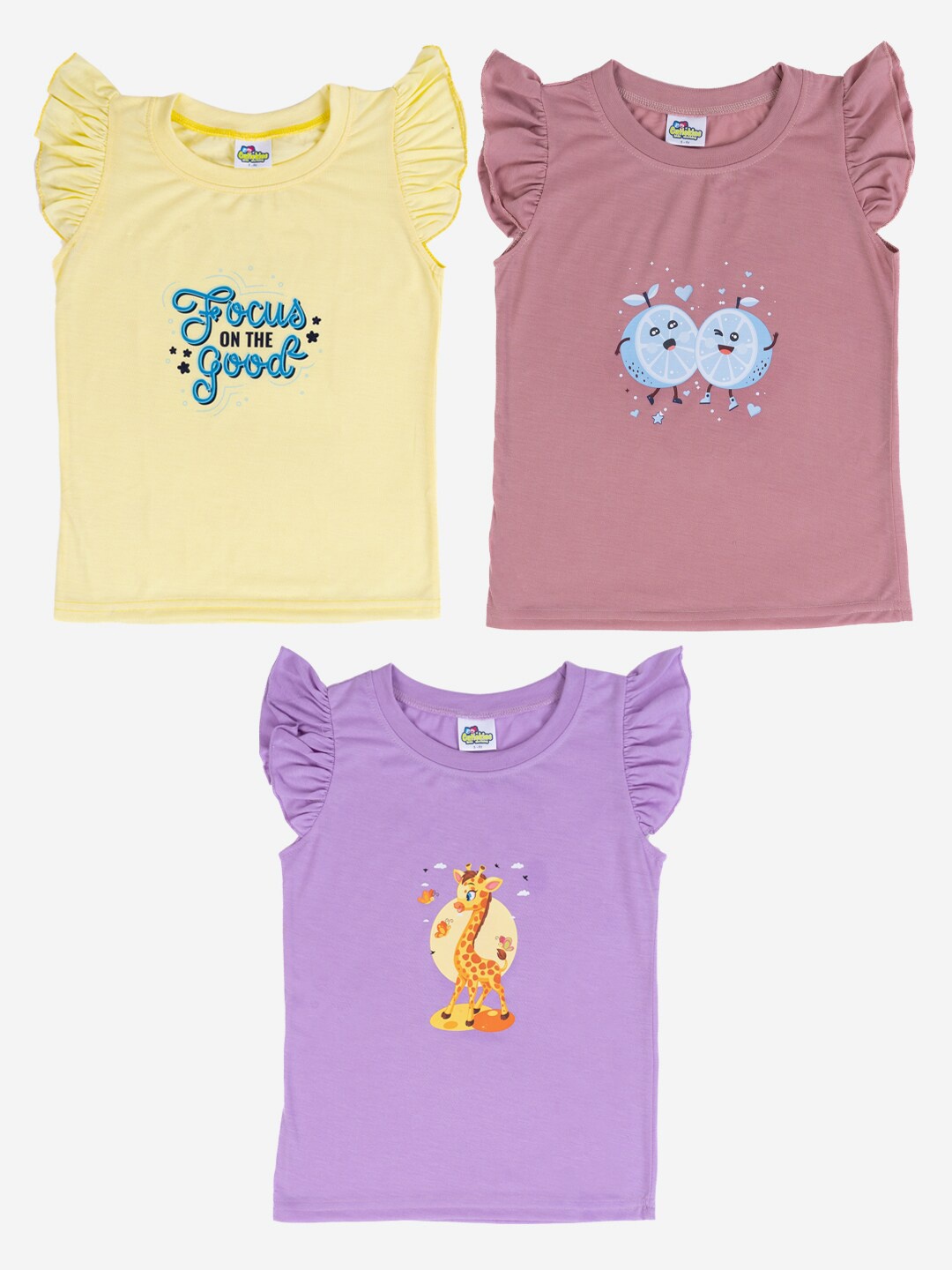 

Cutiekins Girls Pack Of 3 Graphic Printed Flutter Sleeves Cotton T-shirt, Purple