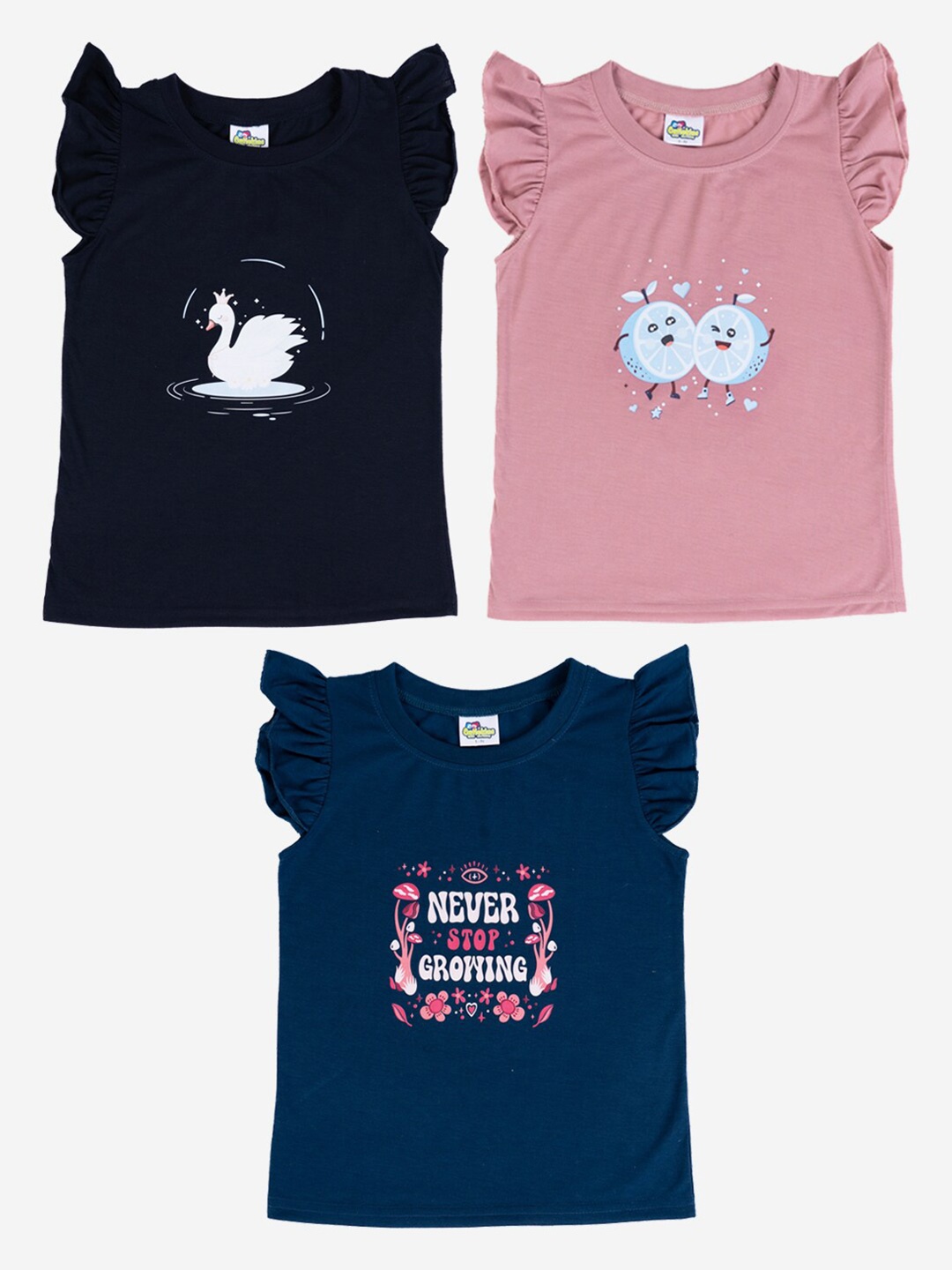 

Cutiekins Girls Pack Of 3 Typography Printed Cotton T-shirt, Navy blue