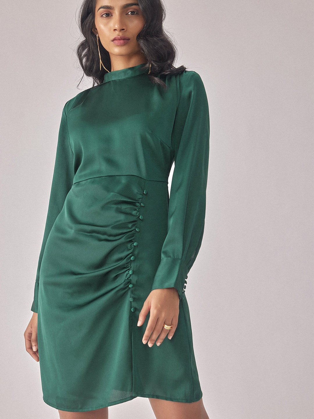 

The Label Life Gathered Detailed High Neck Cuffed Sleeves Sheath Dress, Green