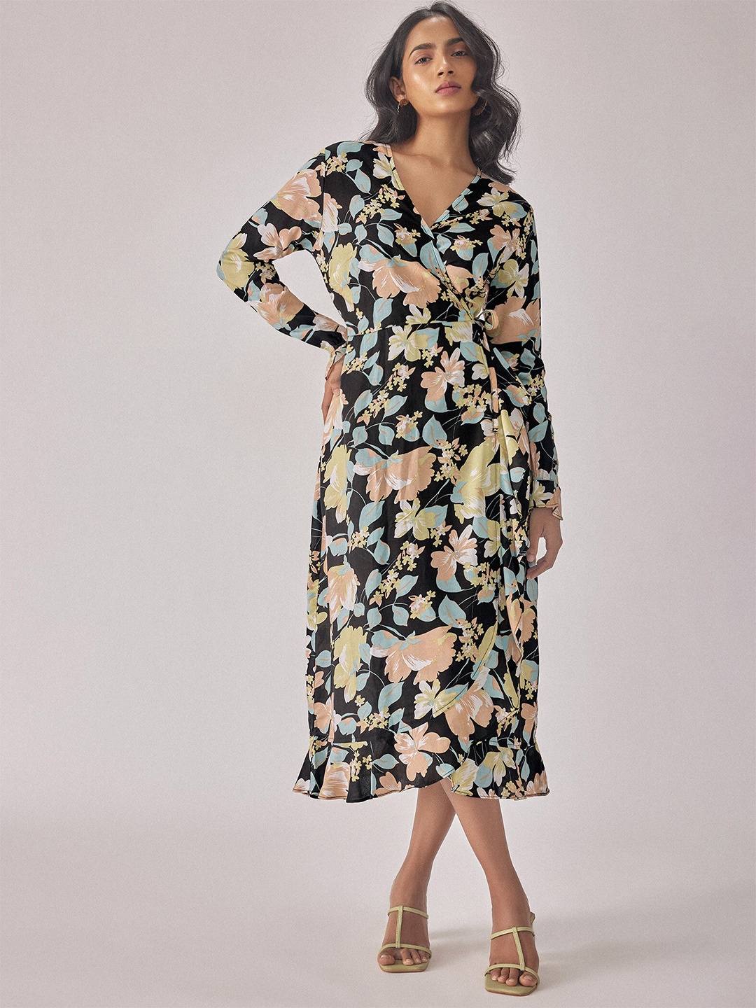 

The Label Life Floral Printed V-Neck A-Line Midi Dress, Black