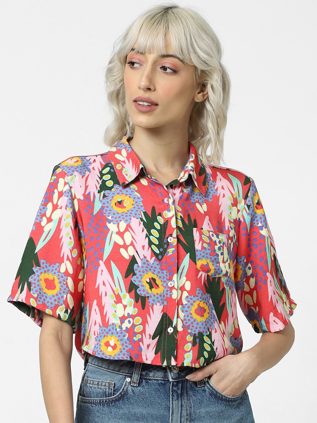 

ONLY Floral Printed Cropped Casual Shirt, Coral