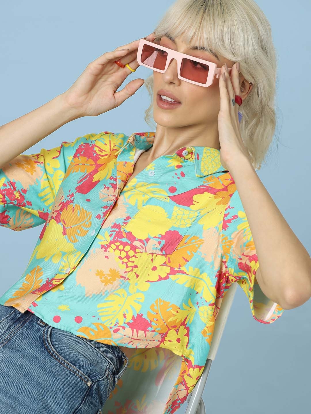 

ONLY Floral Printed Roll-Up Sleeves High Low Casual Shirt, Yellow