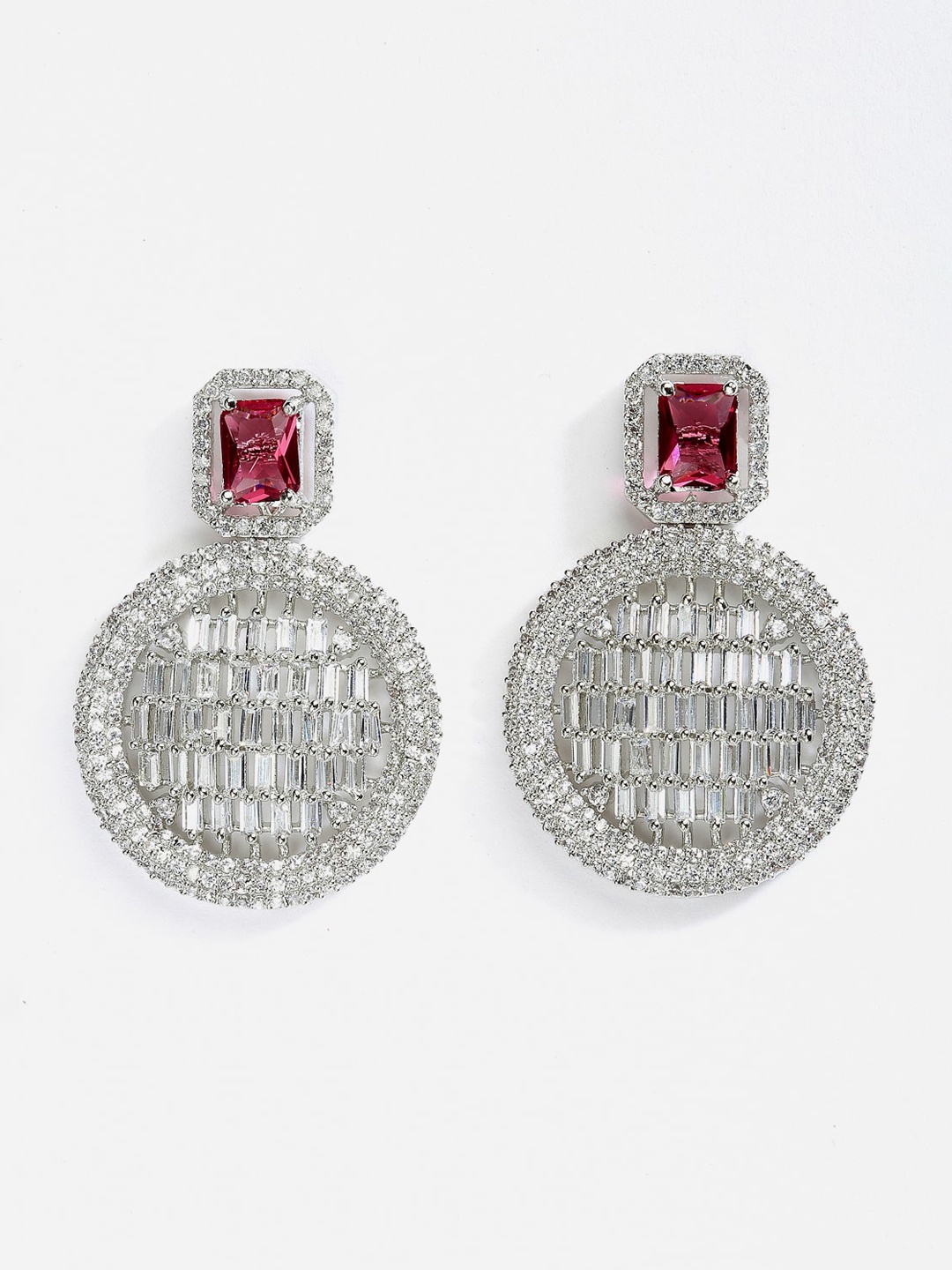 

DressBerry Silver-Toned & Red Rhodium-Plated Geometric Drop Earrings