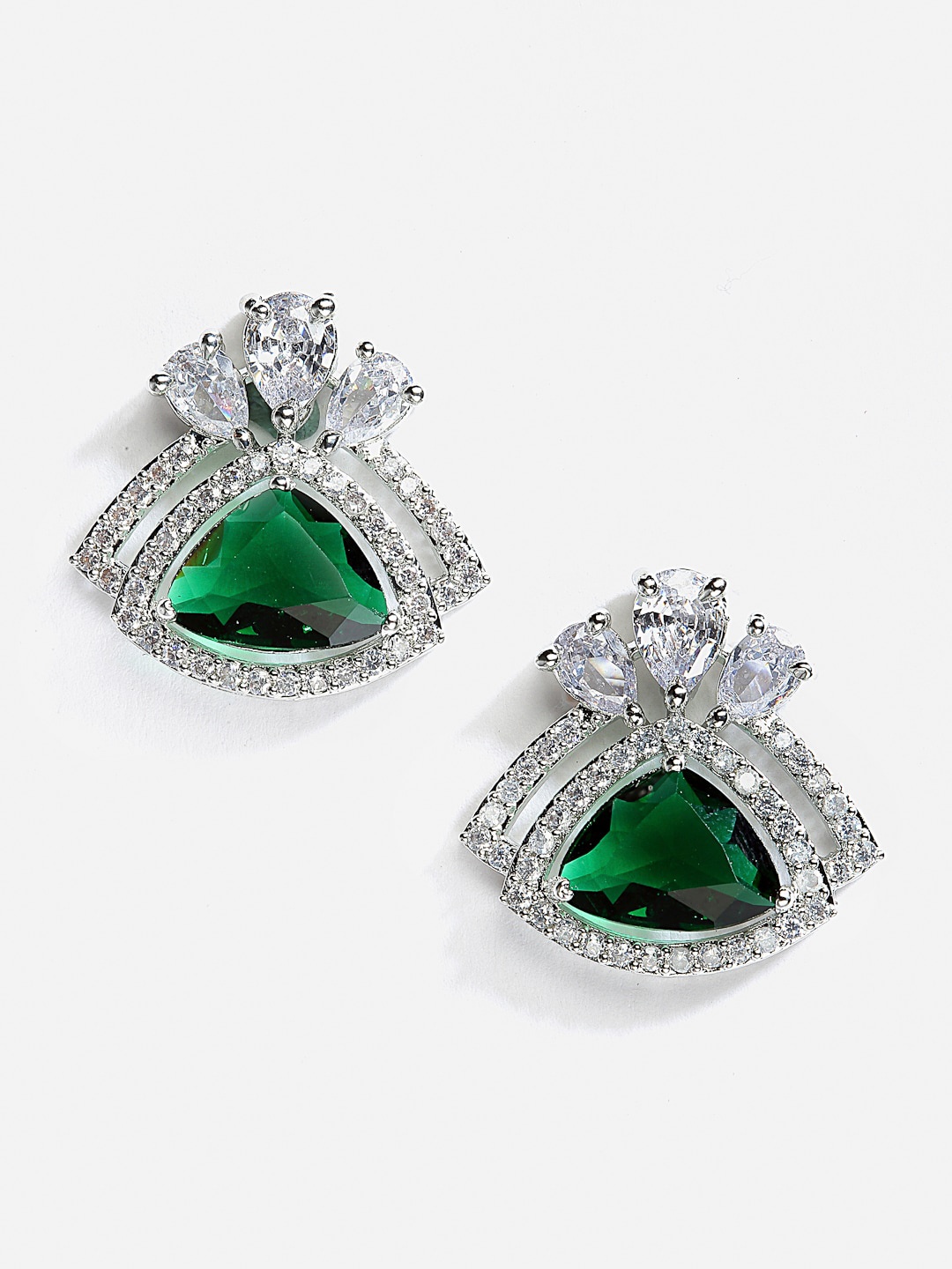 

DressBerry Silver-Toned & Green Rhodium-Plated American Diamond Triangular Studs Earrings