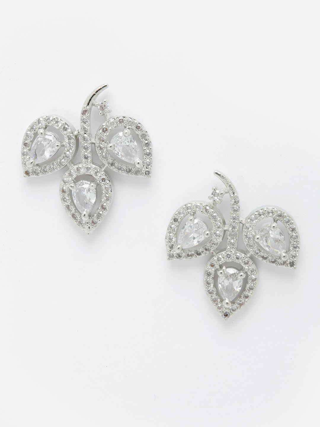 

DressBerry Silver-Toned & White Rhodium-Plated American Diamond Leaf Shaped Studs Earrings