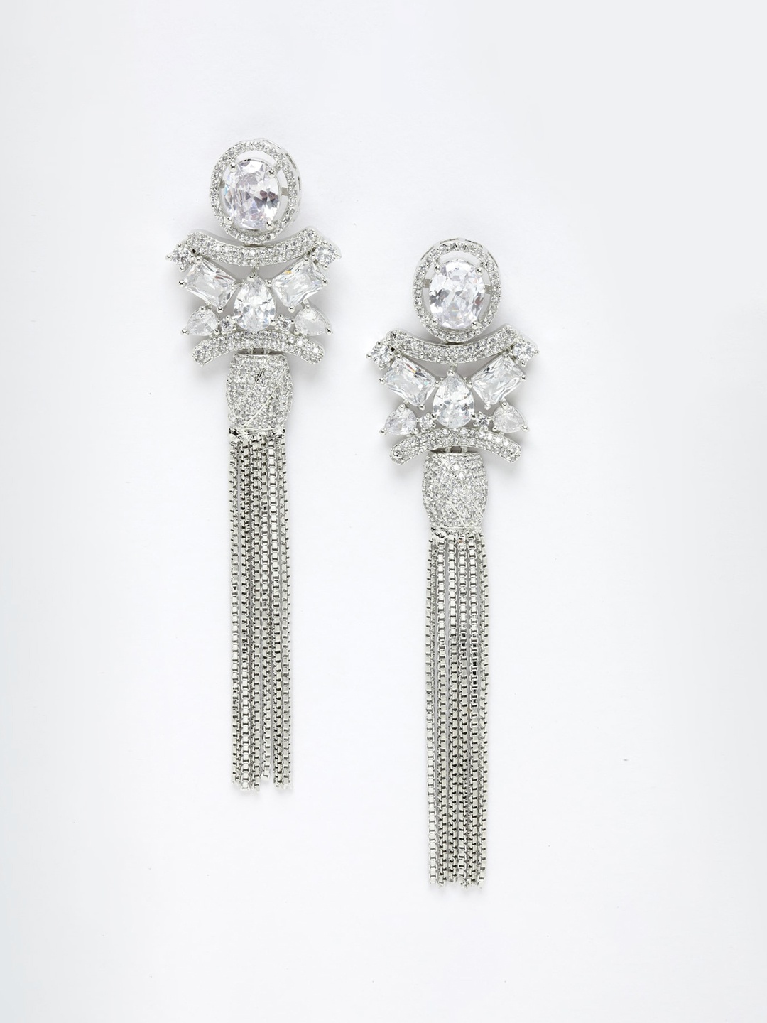 

DressBerry Silver-Toned & White Rhodium-Plated American Diamond Contemporary Drop Earrings