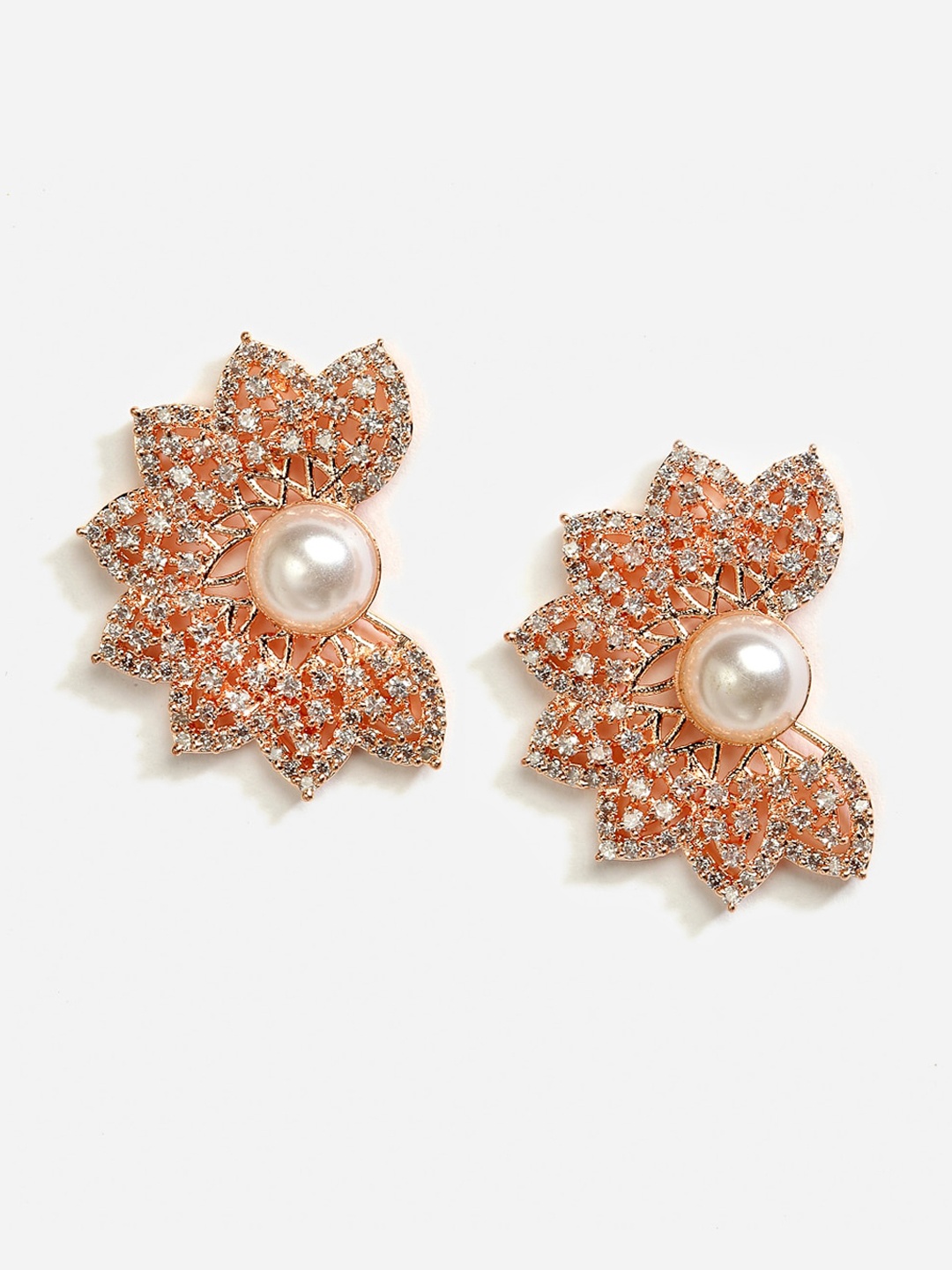 

DressBerry Rose Gold-Plated & Off-White Beaded Crescent Shaped Studs Earrings