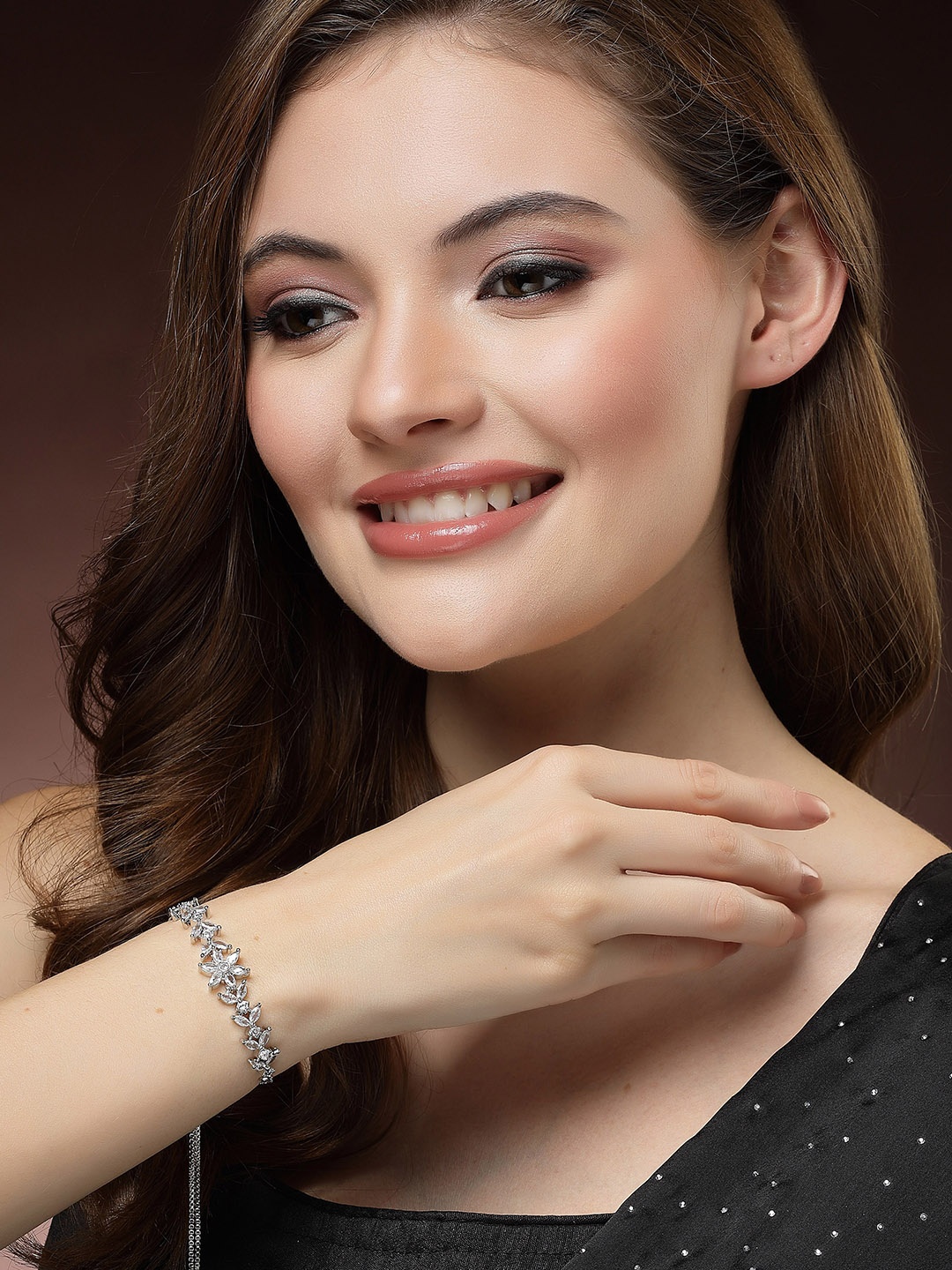 

DressBerry Silver-Toned & White American Diamond Rhodium-Plated Link Bracelet