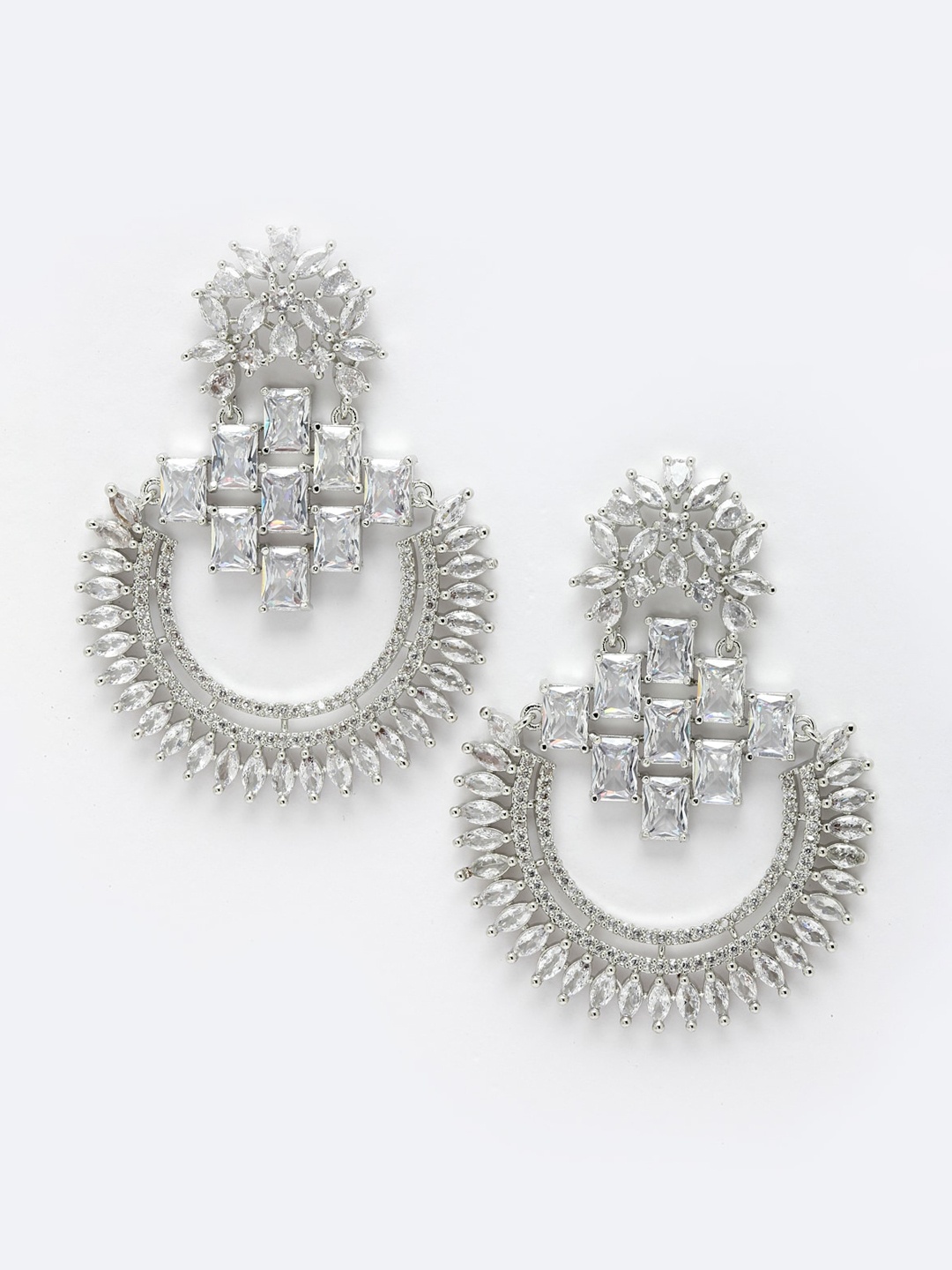 

DressBerry White Rhodium-Plated American Diamond-Studded Contemporary Chandbalis