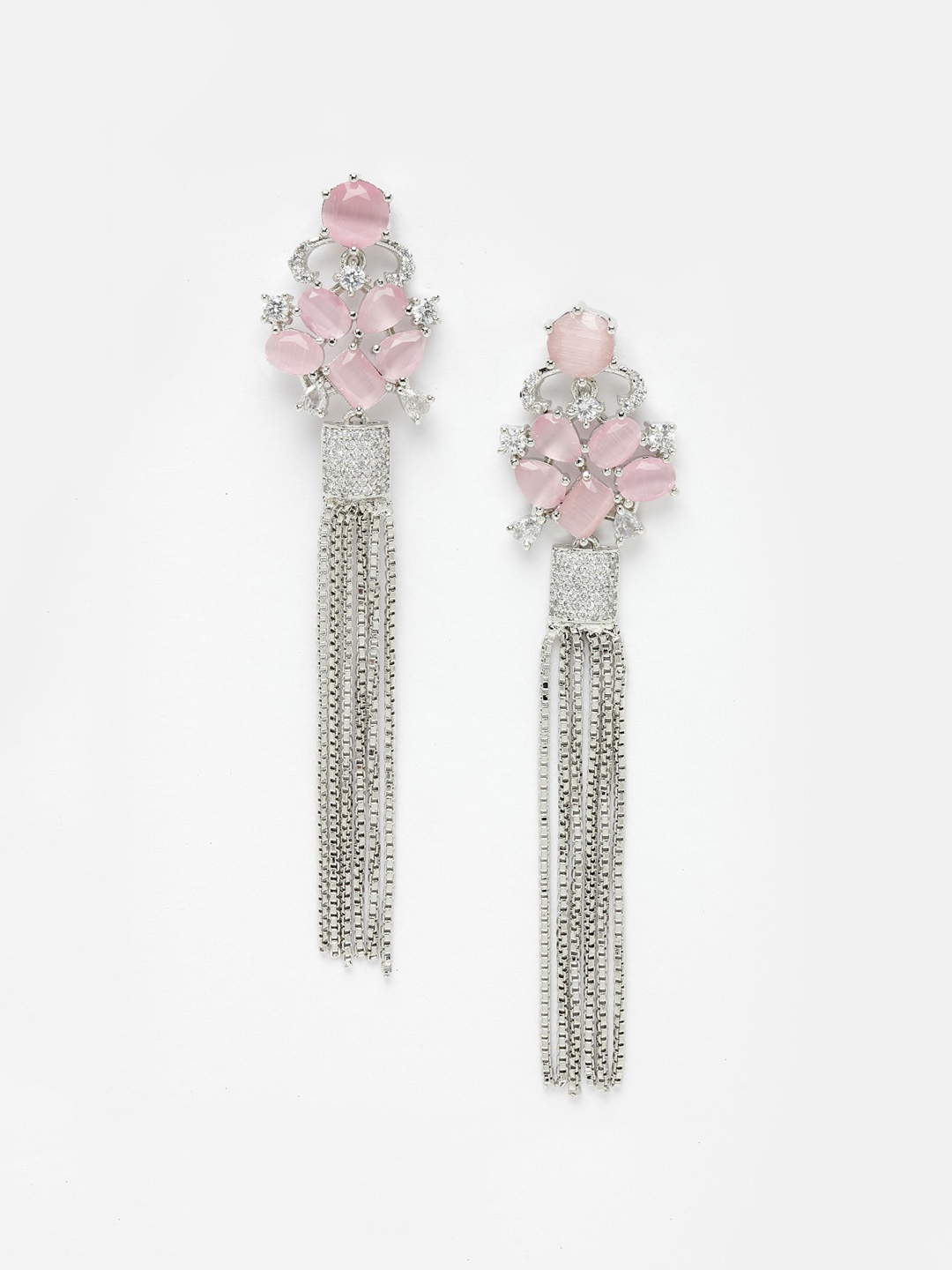 

DressBerry Silver-Toned & Pink Rhodium-Plated American Diamond Contemporary Drop Earrings