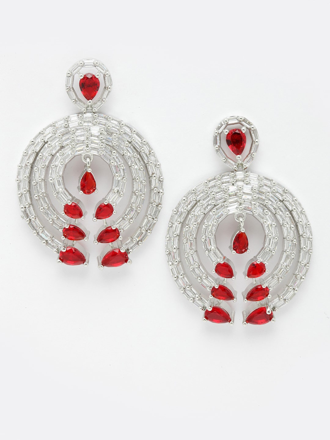 

DressBerry Red Silver Toned Contemporary Drop Earrings