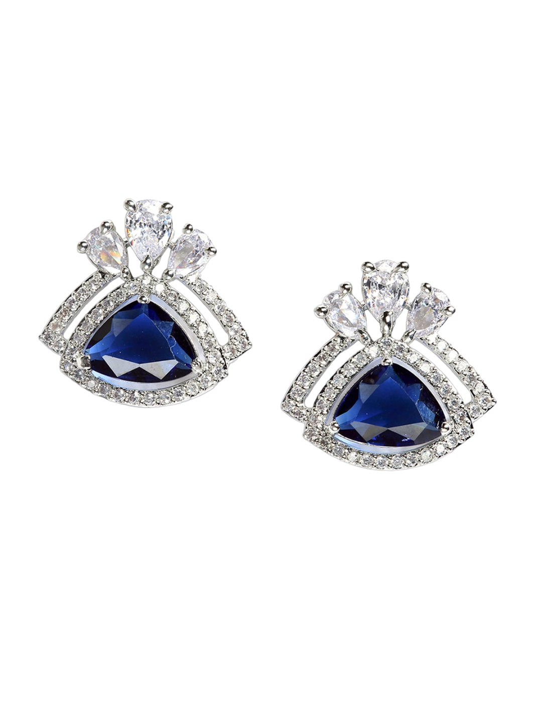 

DressBerry Rhodium-Plated & Blue American Diamond Studded Triangular Studs, Silver