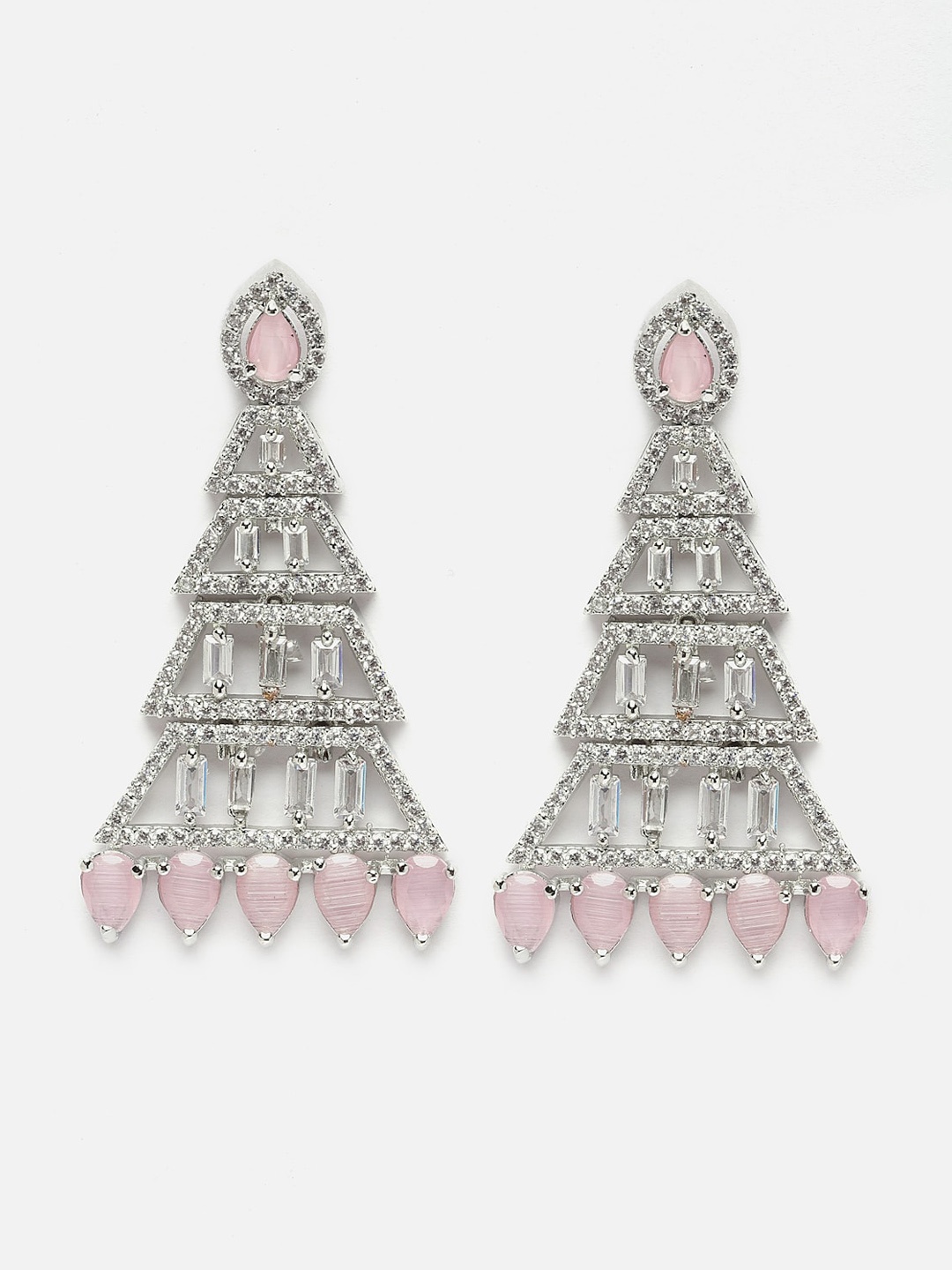 

DressBerry Silver-Plated & Pink AD-Studded Oxidised Triangular Drop Earrings