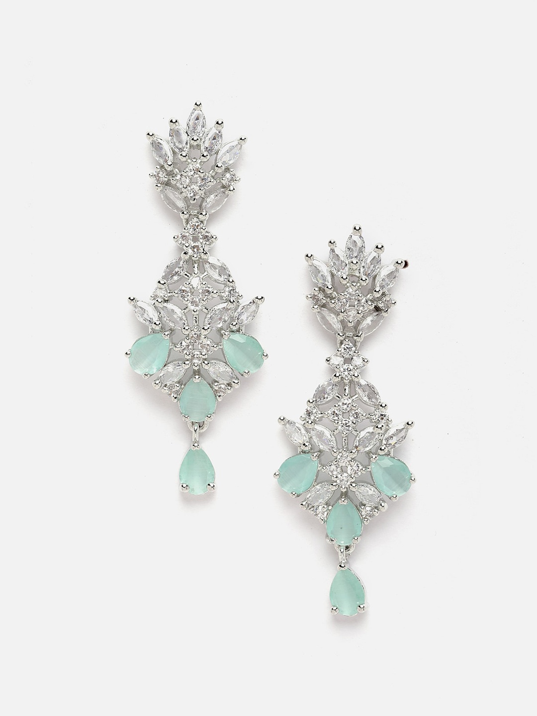 

DressBerry Silver-Plated & Sea Green AD-Studded Spiked Shaped Oxidised Drop Earrings