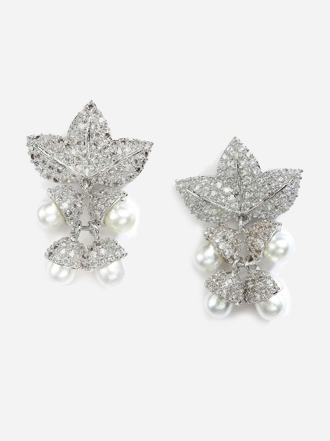 

DressBerry Silver-Plated Stone Studded & Beaded Leaf Shaped Studs Earrings
