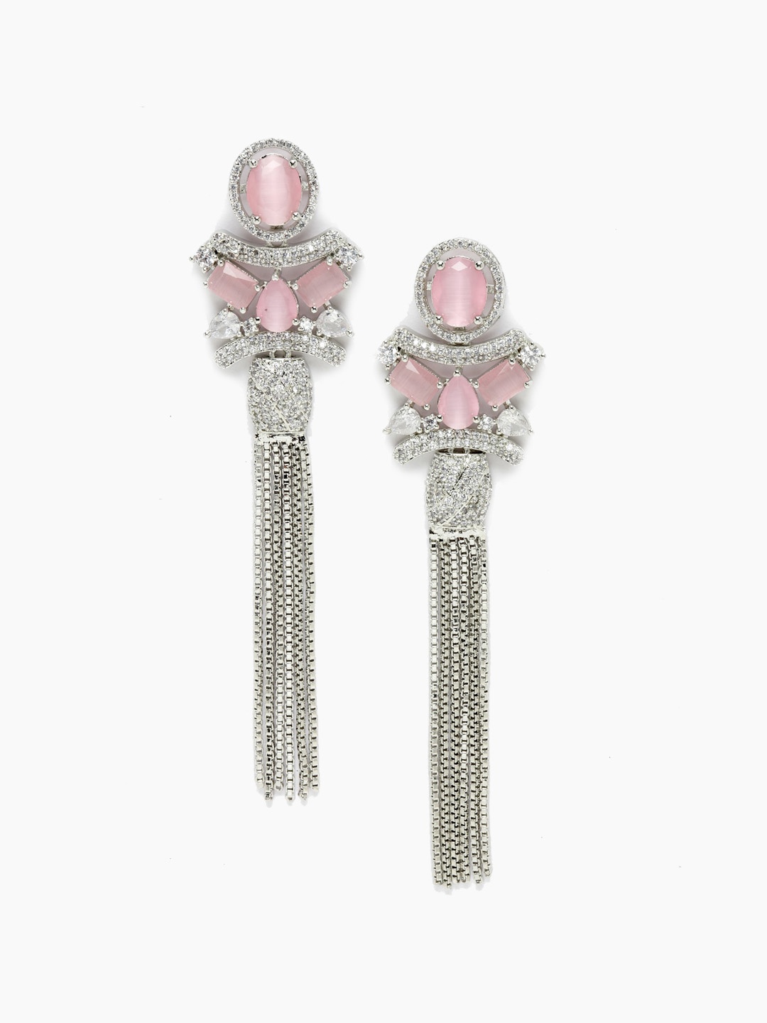 

DressBerry Silver-Toned & Pink Rhodium-Plated American Diamond Contemporary Drop Earrings