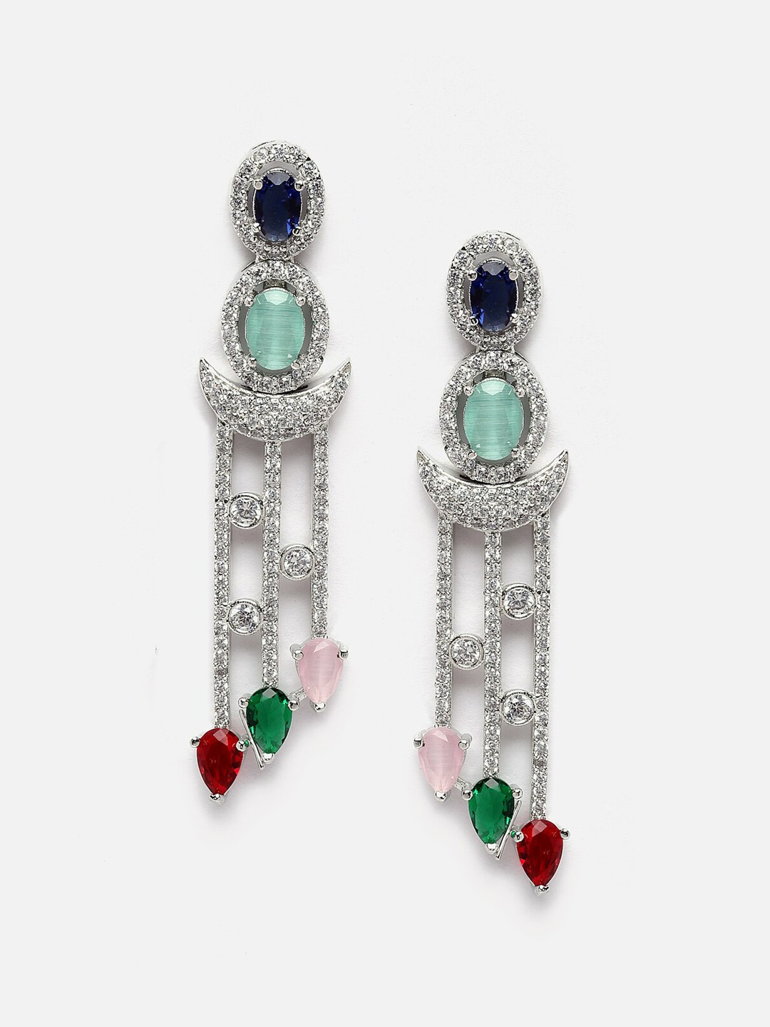 

DressBerry Silver-Plated American Diamond Studded Crescent Shaped Oxidised Drop Earrings