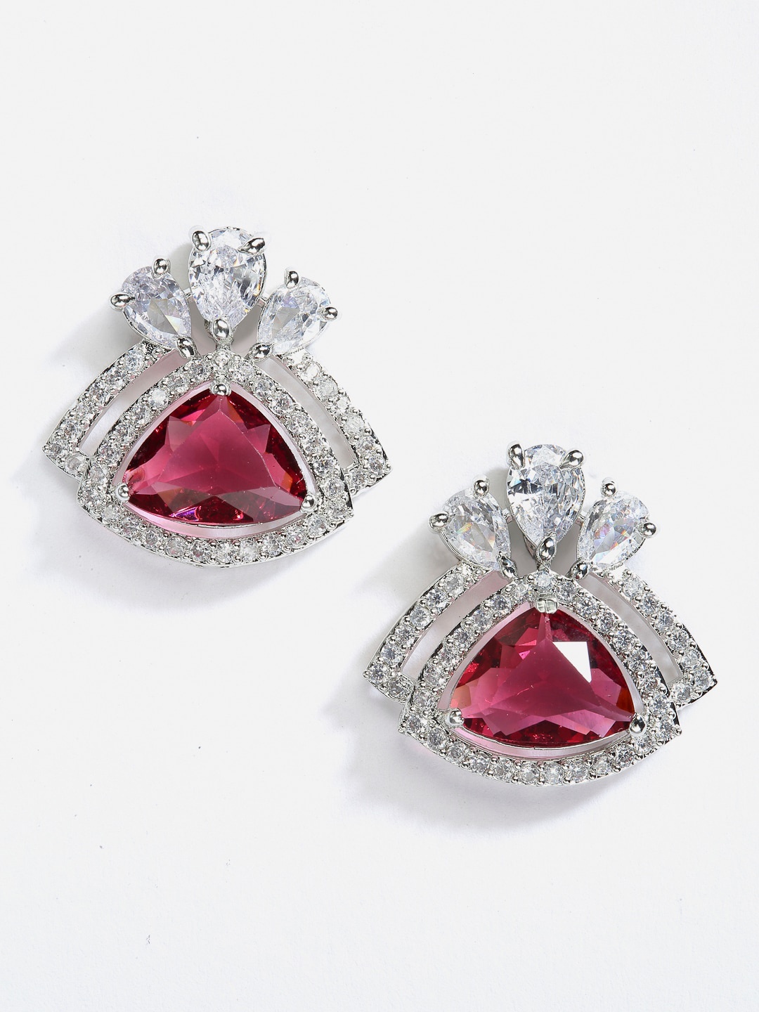 

DressBerry Silver-Toned & Red Rhodium-Plated American Diamond Triangular Studs Earrings