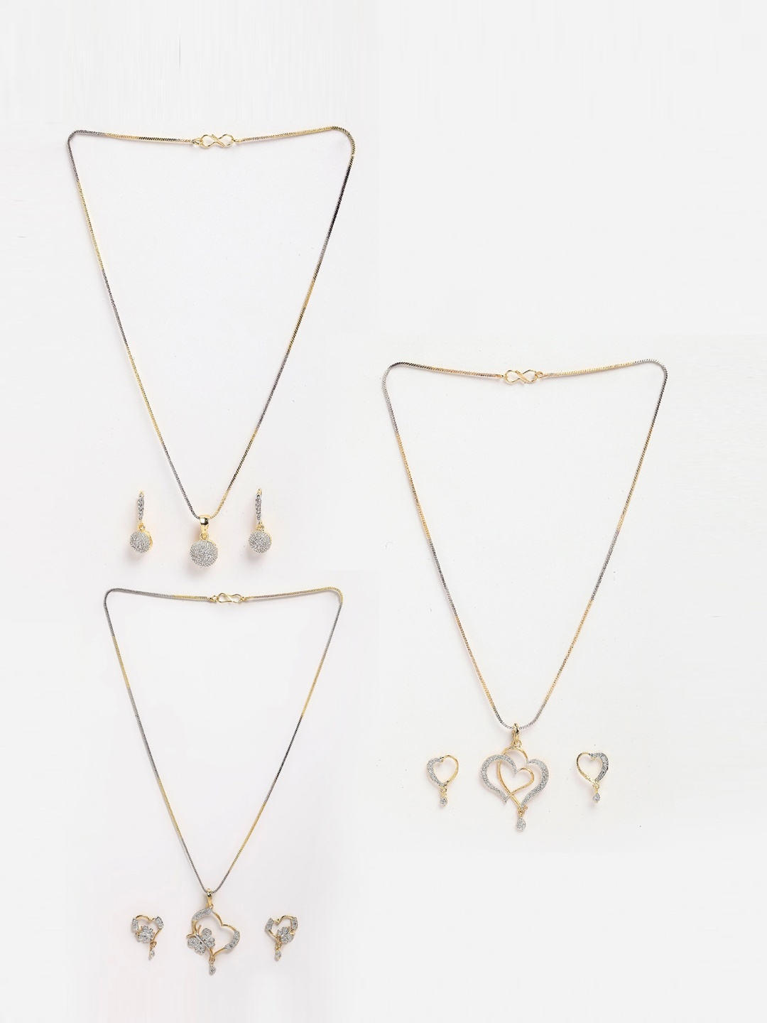 

DressBerry Set Of 3 Gold-Plated CZ-Studded Heart Shaped Pendant With Chain & Earrings