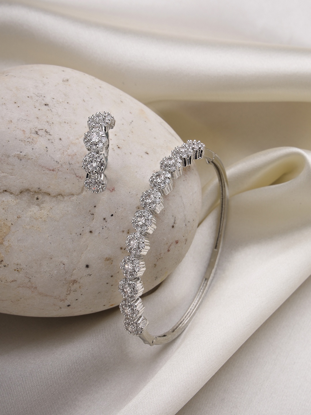 

DressBerry Silver-Toned & White Rhodium-Plated AD Studded Bracelet With Ring Jewellery Set