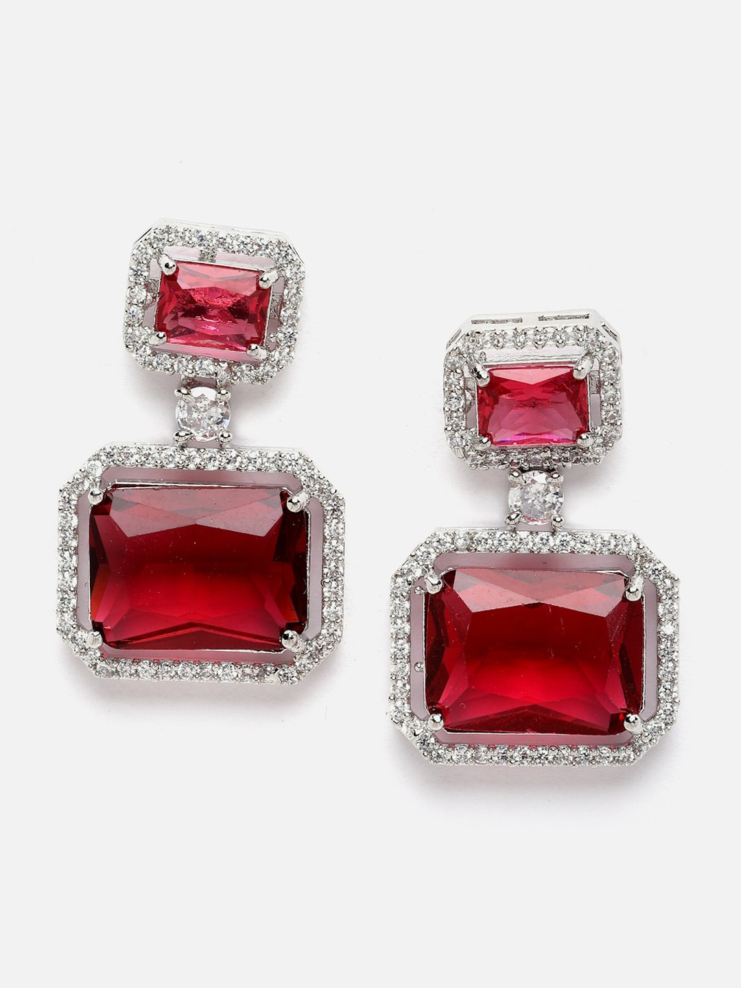 

DressBerry Silver-Plated & Red American Diamond Square Shaped Drop Earrings