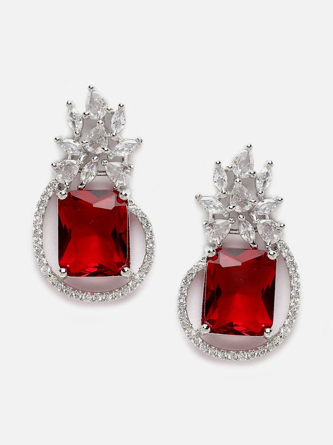 

DressBerry Red Silver-Plated American Diamond Paisley Shaped Drop Earrings