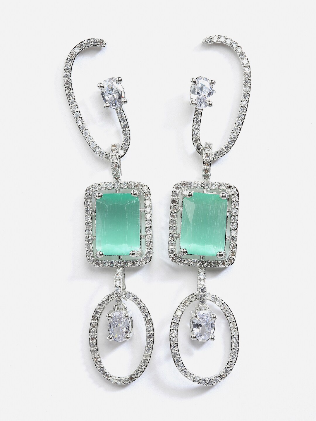 

DressBerry Sea Green Silver Rhodium-Plated American Diamond Geometric Drop Earrings