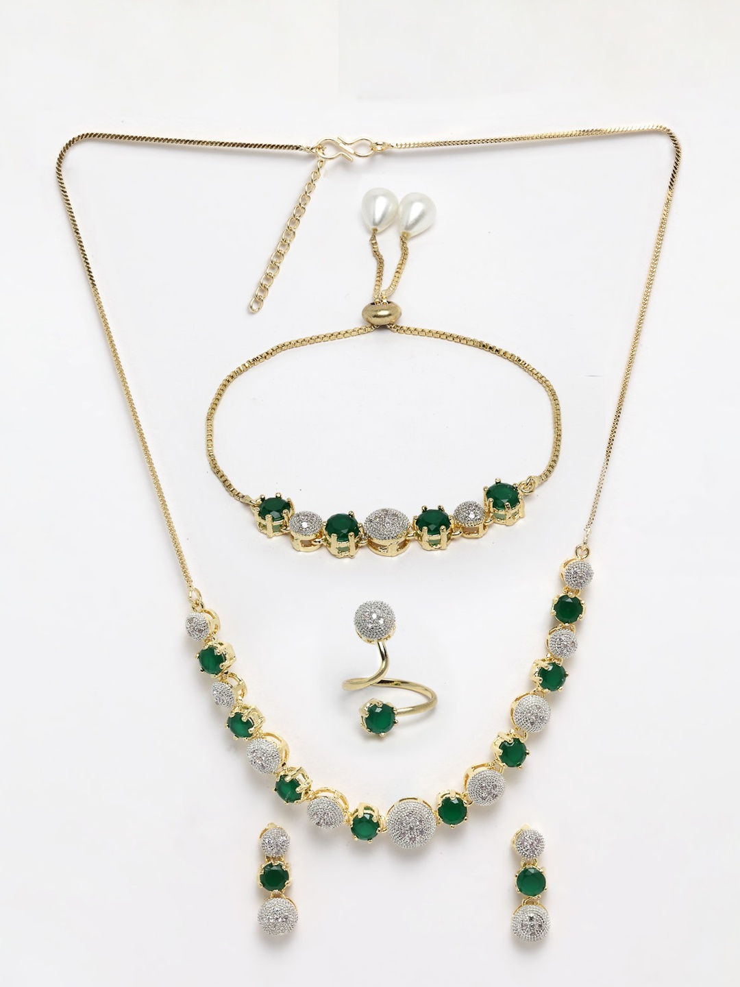 

DressBerry Gold-Toned & Green Gold-Plated AD-Studded & Beaded Round Shaped Jewellery Set