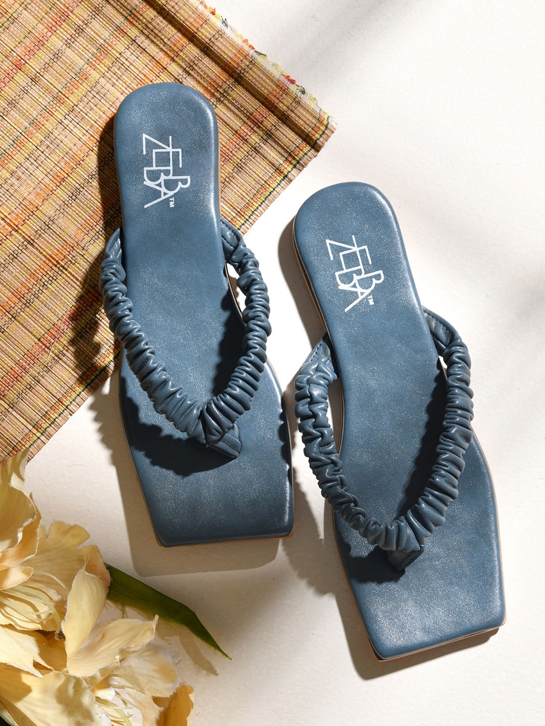 

Zebba Ruched Strap Open Toe Flats, Navy blue