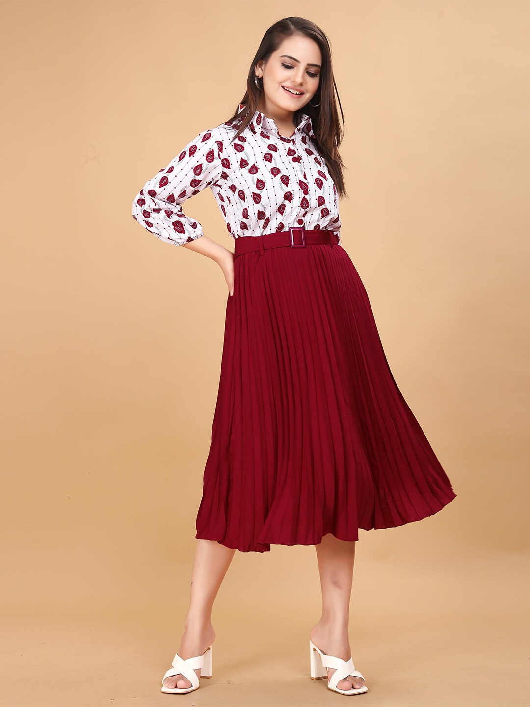 

DEKLOOK Conversational Print Shirt Collar Fit & Flare Polyester Midi Dress, Maroon