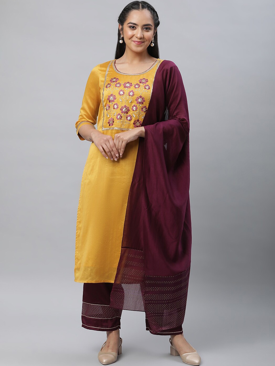 

AURELIA Floral Yoke Design Thread Work & Sequined Kurta with Palazzos & Dupatta, Mustard