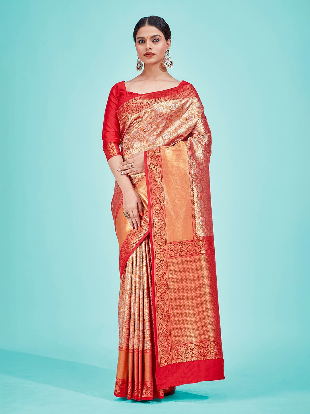 

MONJOLIKA FASHION Woven Design Zari Silk Blend Kanjeevaram Saree, Red