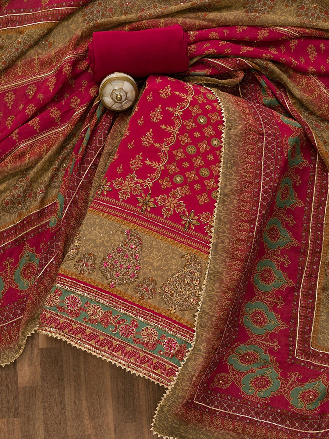 

Koskii Ethnic Motifs Printed Unstitched Dress Material, Pink