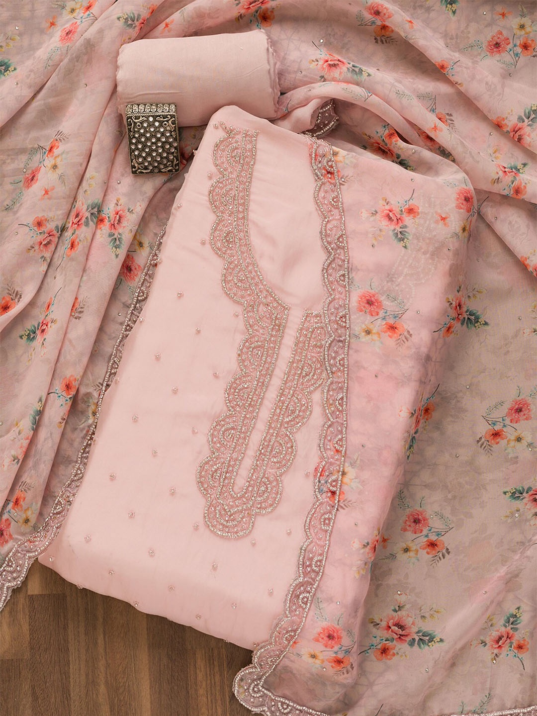 

Koskii Floral Embroidered Organza Beads and Stones Unstitched Dress Material, Pink