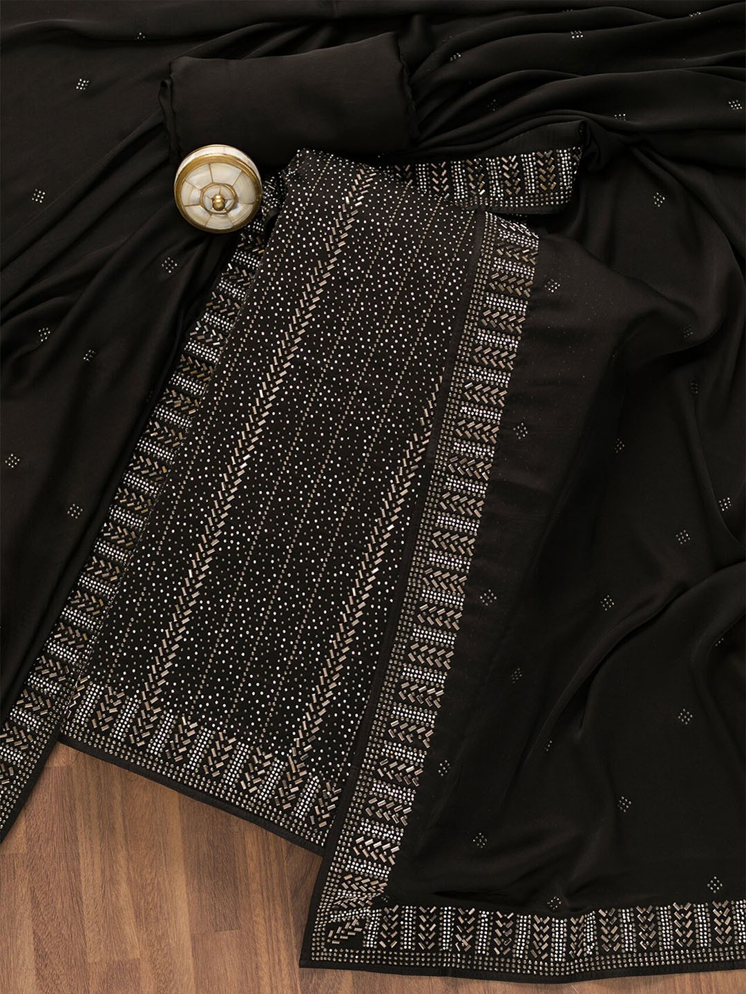 

Koskii Striped Embellished Unstitched Dress Material, Black