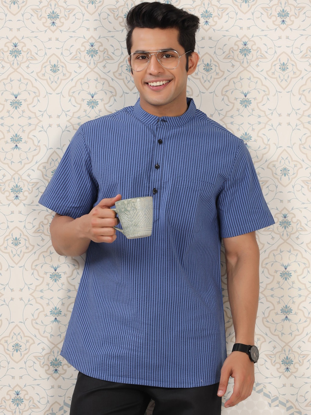 

Ode by House of Pataudi Blue Striped Regular Pure Cotton Kurta