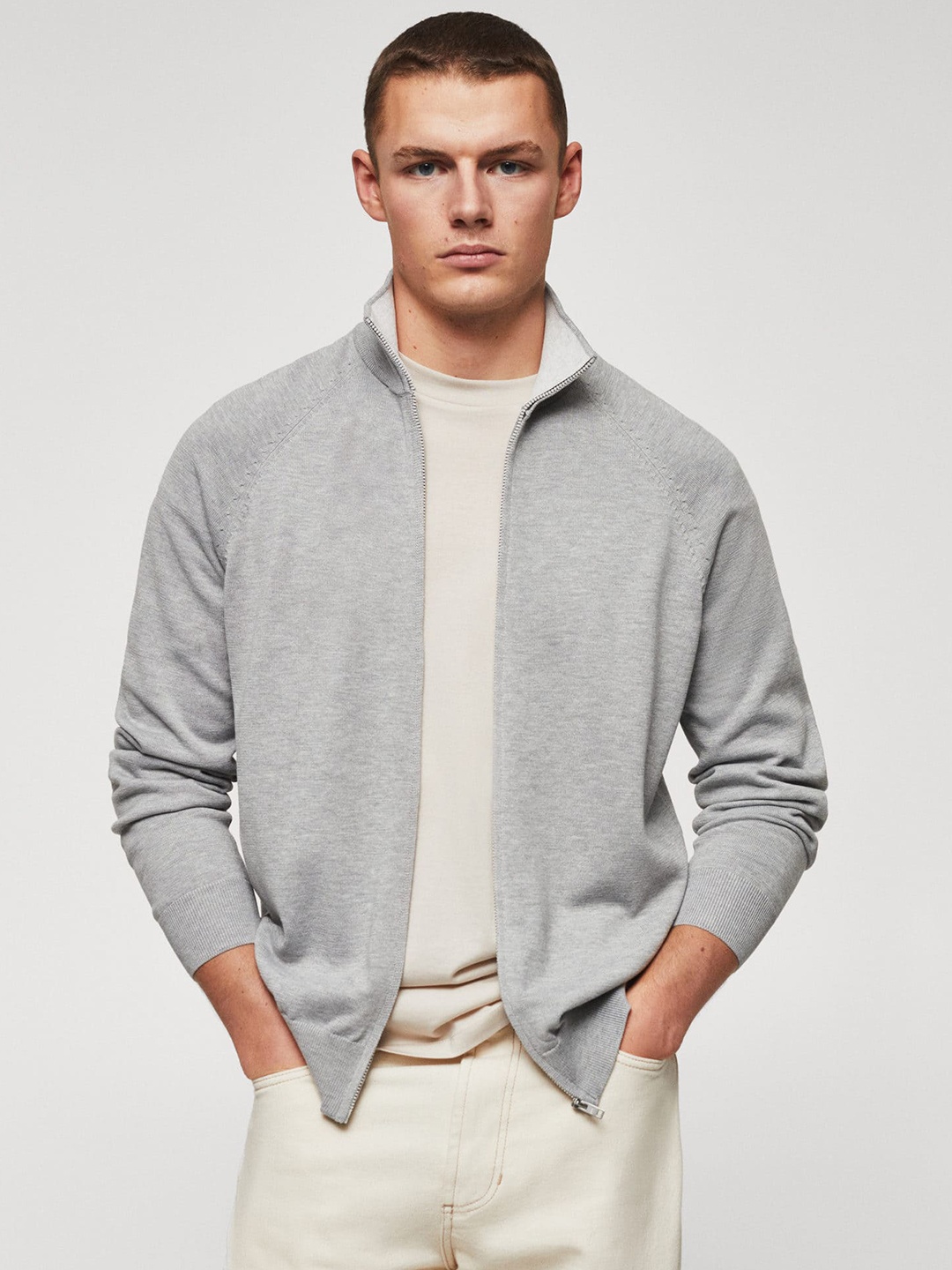 

MANGO MAN Solid Cardigan, Grey melange