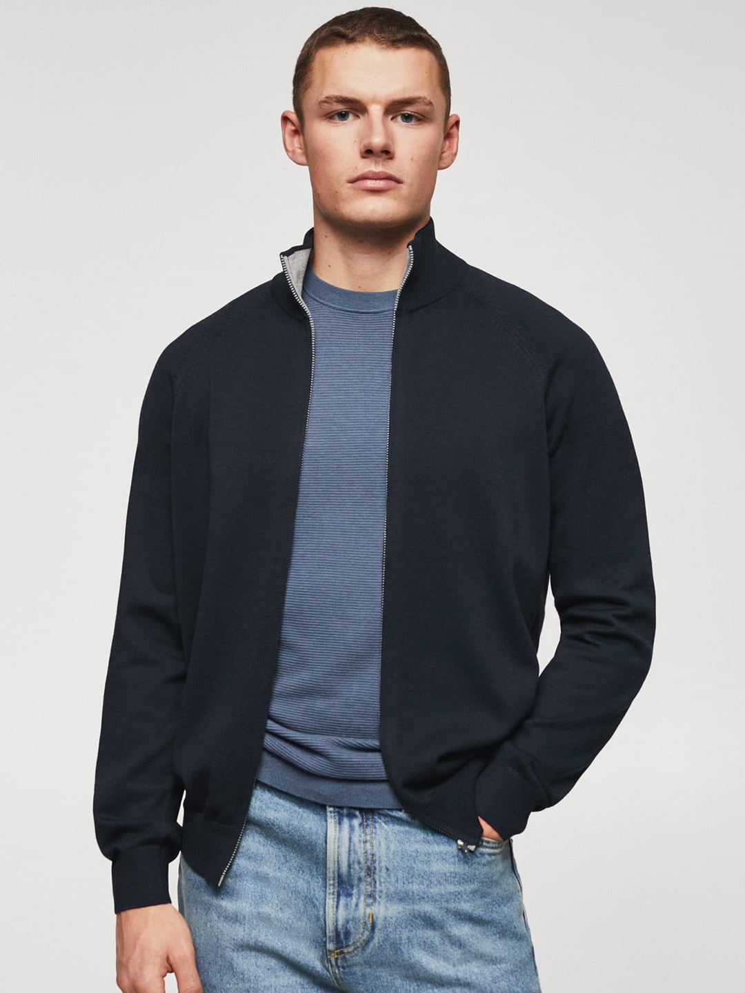 

MANGO MAN Solid Cardigan, Navy blue