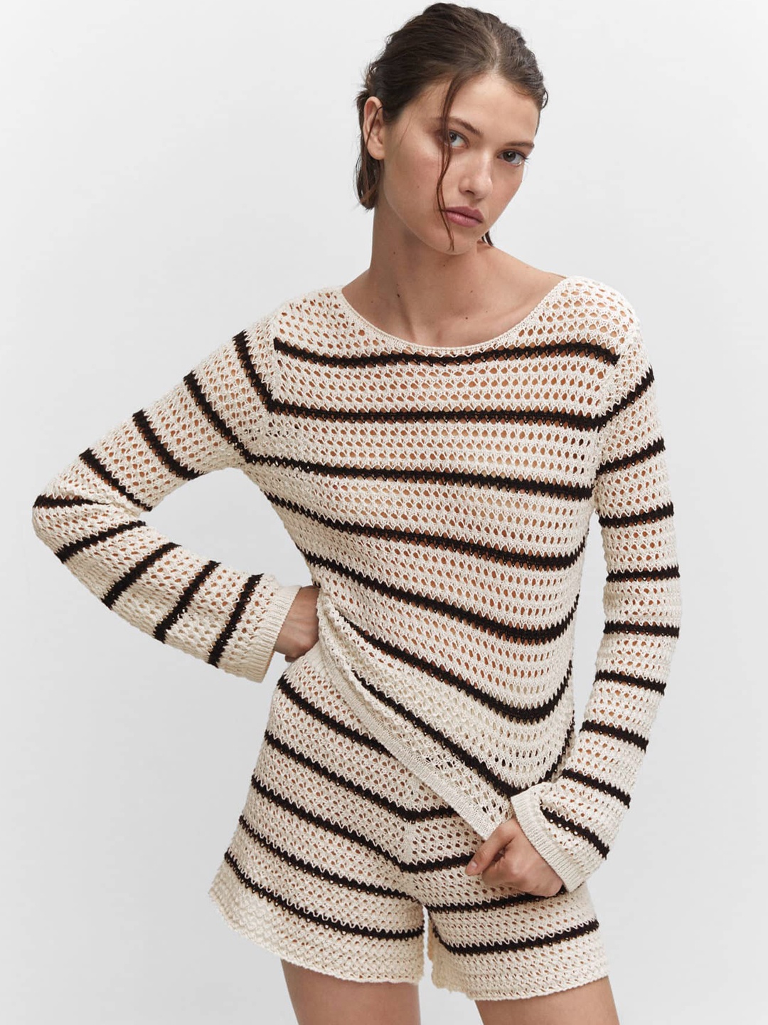 

MANGO Women Striped Open Knit Pullover, Off white