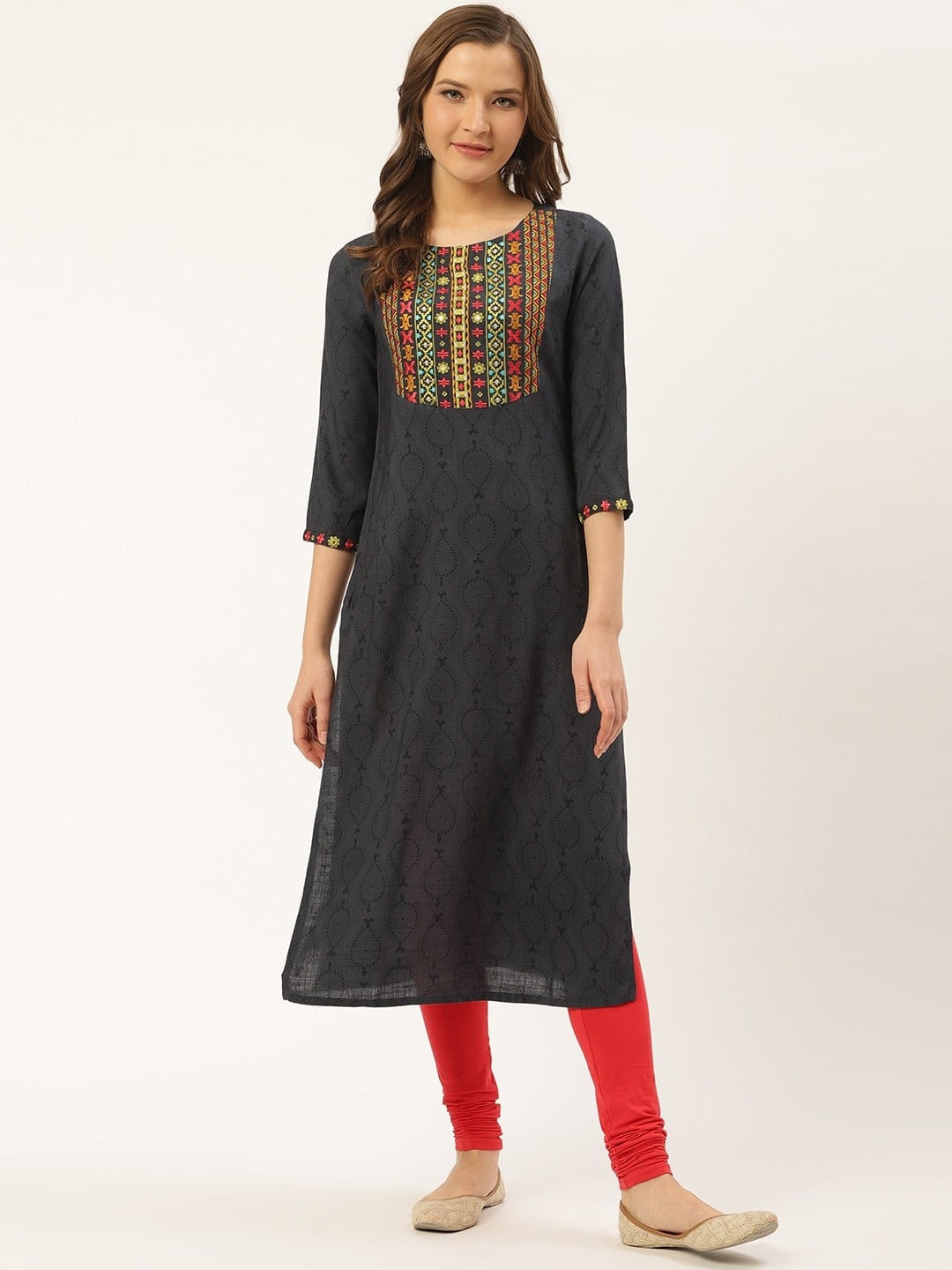 

SUTI Ethnic Motifs Embroidered Keyhole Neck Thread Work Kurta, Grey