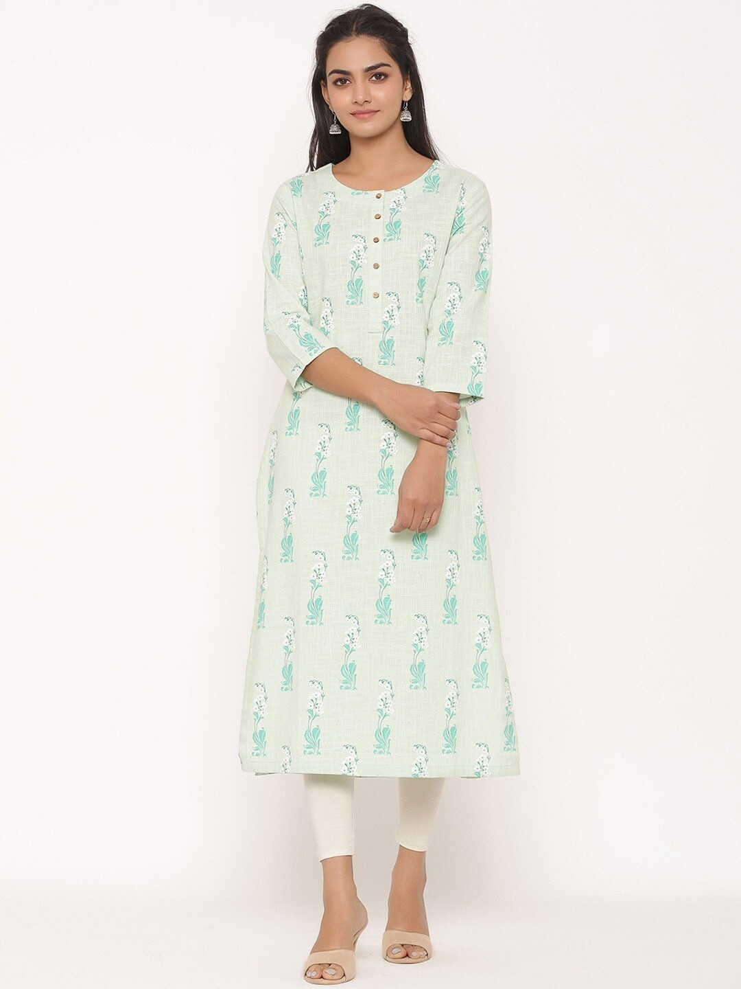 SUTI Ethnic Motifs Printed Thread Work Cotton Kurta, Green
