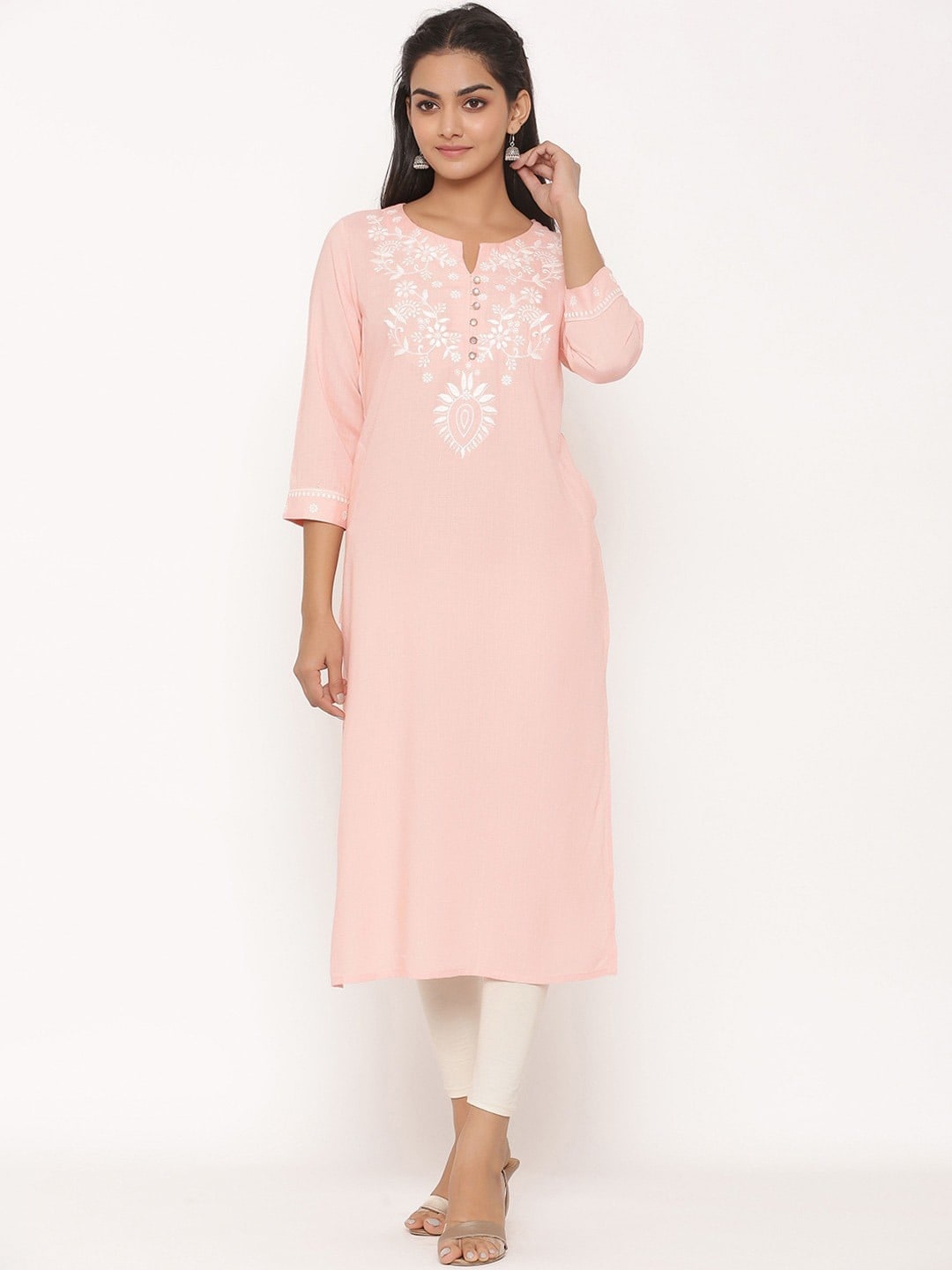 

SUTI Floral Yoke Design Thread Work Notched Neck Straight Kurta, Pink
