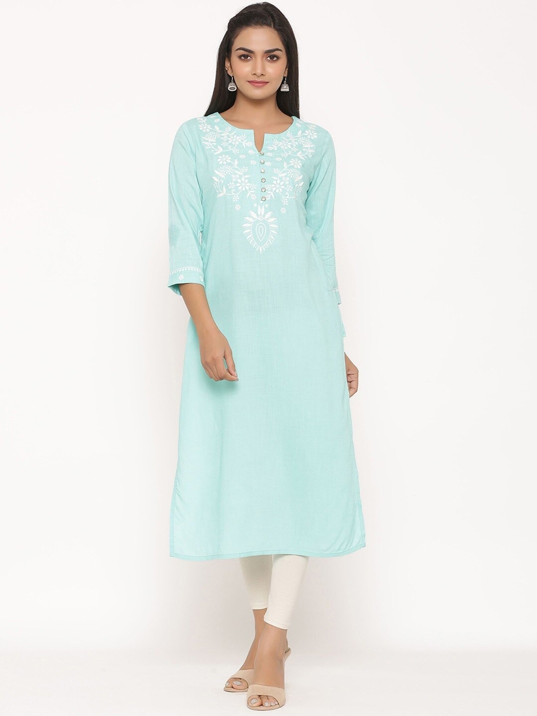 

SUTI Women Blue Yoke Design Keyhole Neck Flared Sleeves Thread Work Kurta