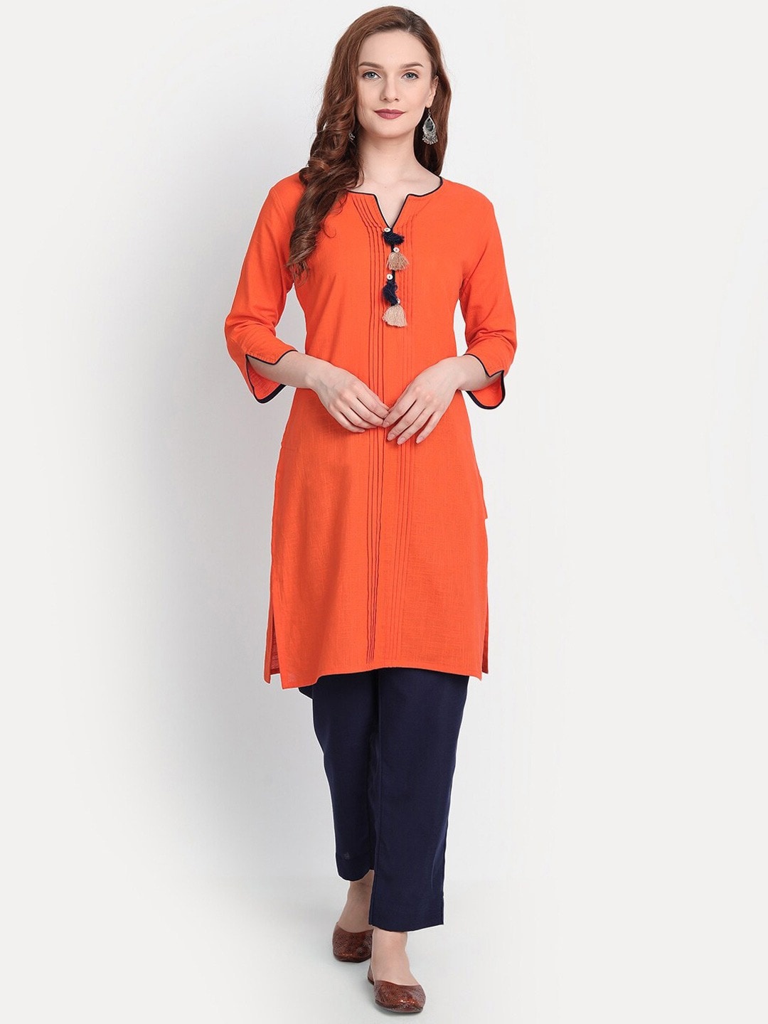 

SUTI Notched Neck Three-Quarter Sleeves Tassel Detail Straight Kurta, Orange