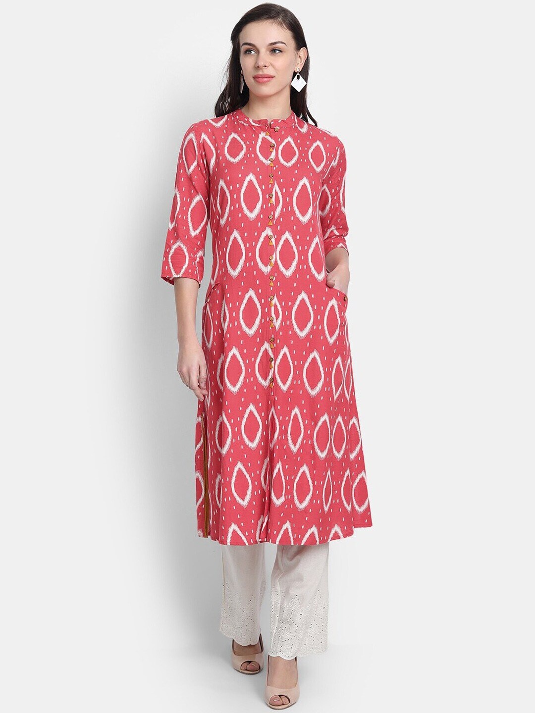 

SUTI Geometric Printed Mandarin Collar Thread Work A-Line Kurta, Coral