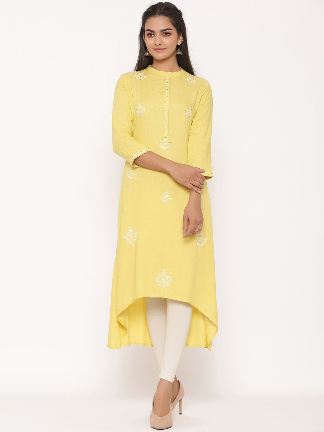 

SUTI Ethnic Motifs Embroidered Band Collar Sequin A-Line Kurta, Yellow