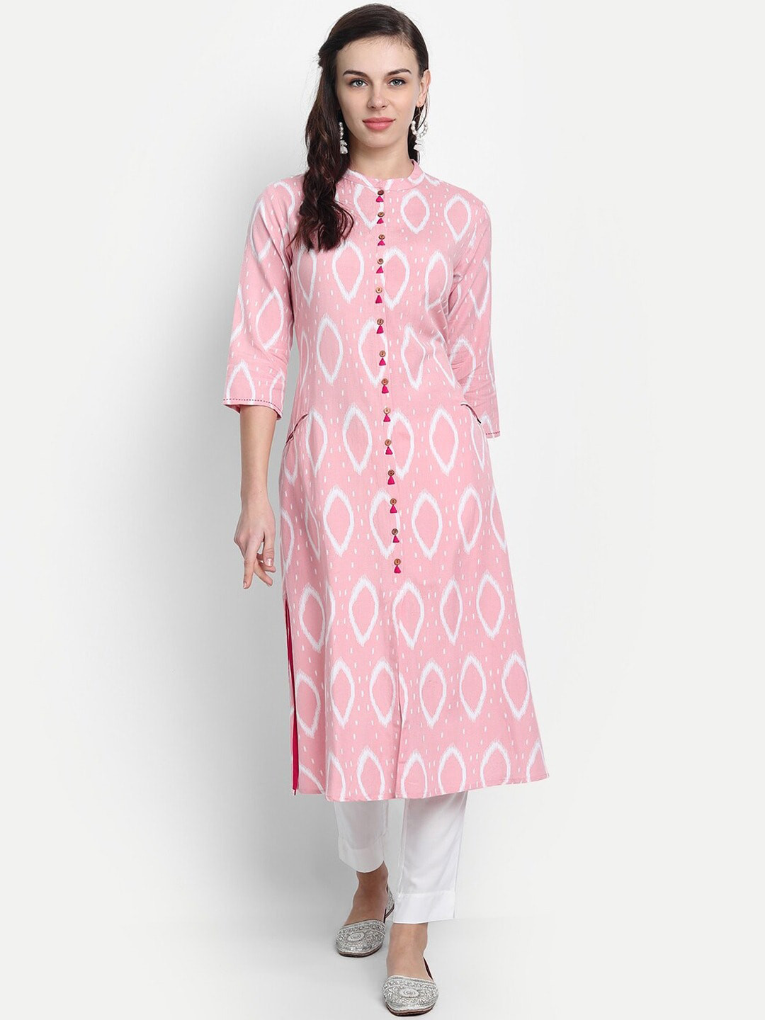 

SUTI Geometric Printed Mandarin Collar Thread Work A-Line Kurta, Pink